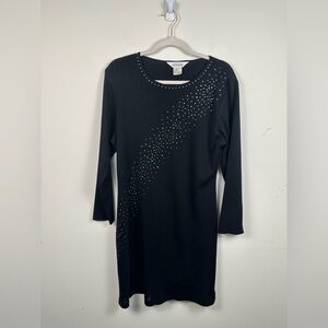 Exclusively Misook Rhinestone Studded 3/4 Sleeve Knee Length Dress Black Knit L